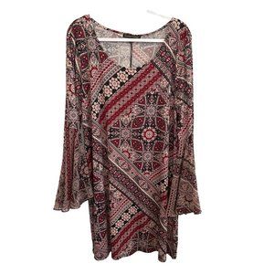 Always Indigo Burgundy & Black Print Long Bell Sleeve Dress, Size 2X